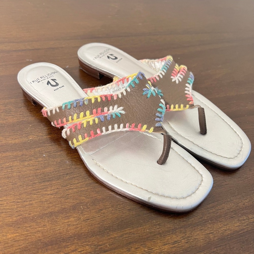True Religion Womens Boho Whipstitch Leather Thong Sandals Silver Brown Size 8M
